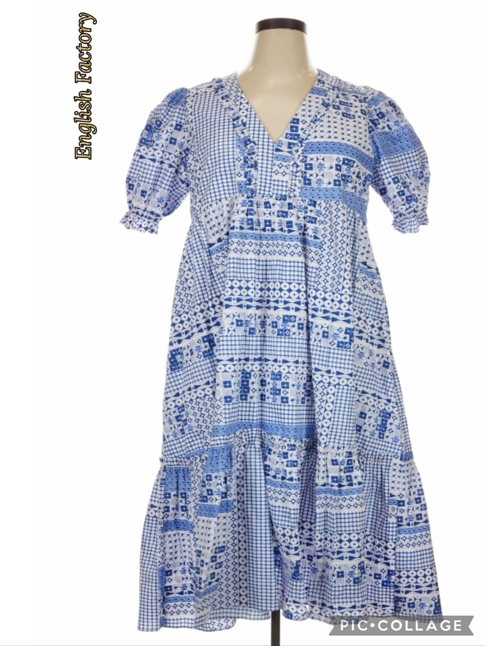 English Factory patchwork v-neck puff sleeve pockets tiered midi blue dress